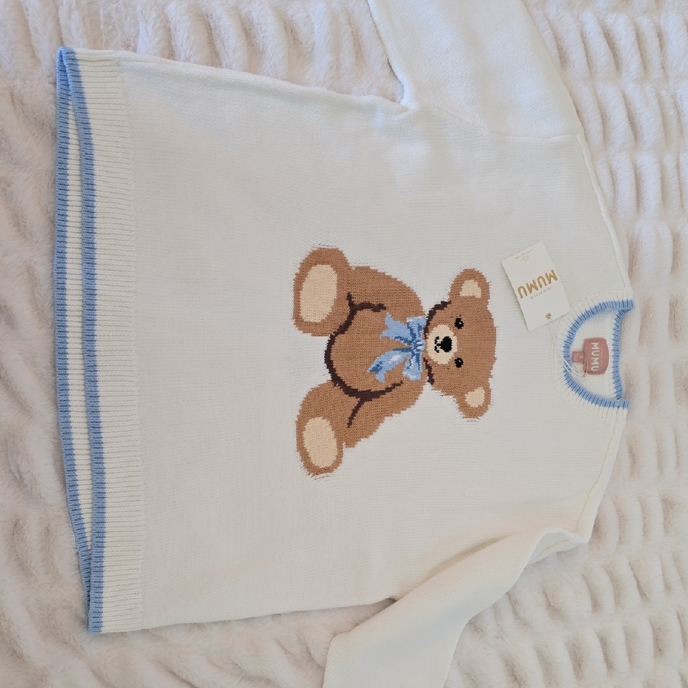 Show Me Your MuMu Cream Knit Sweater with Brown Teddy and Light Blue Trim - Picture 5 of 5